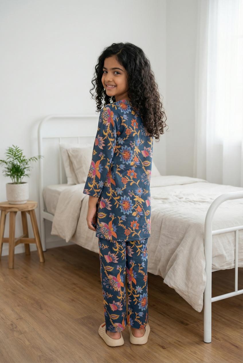 Navy Blue Round Neck Floral Print Pure Cotton Night Suit Set For Women