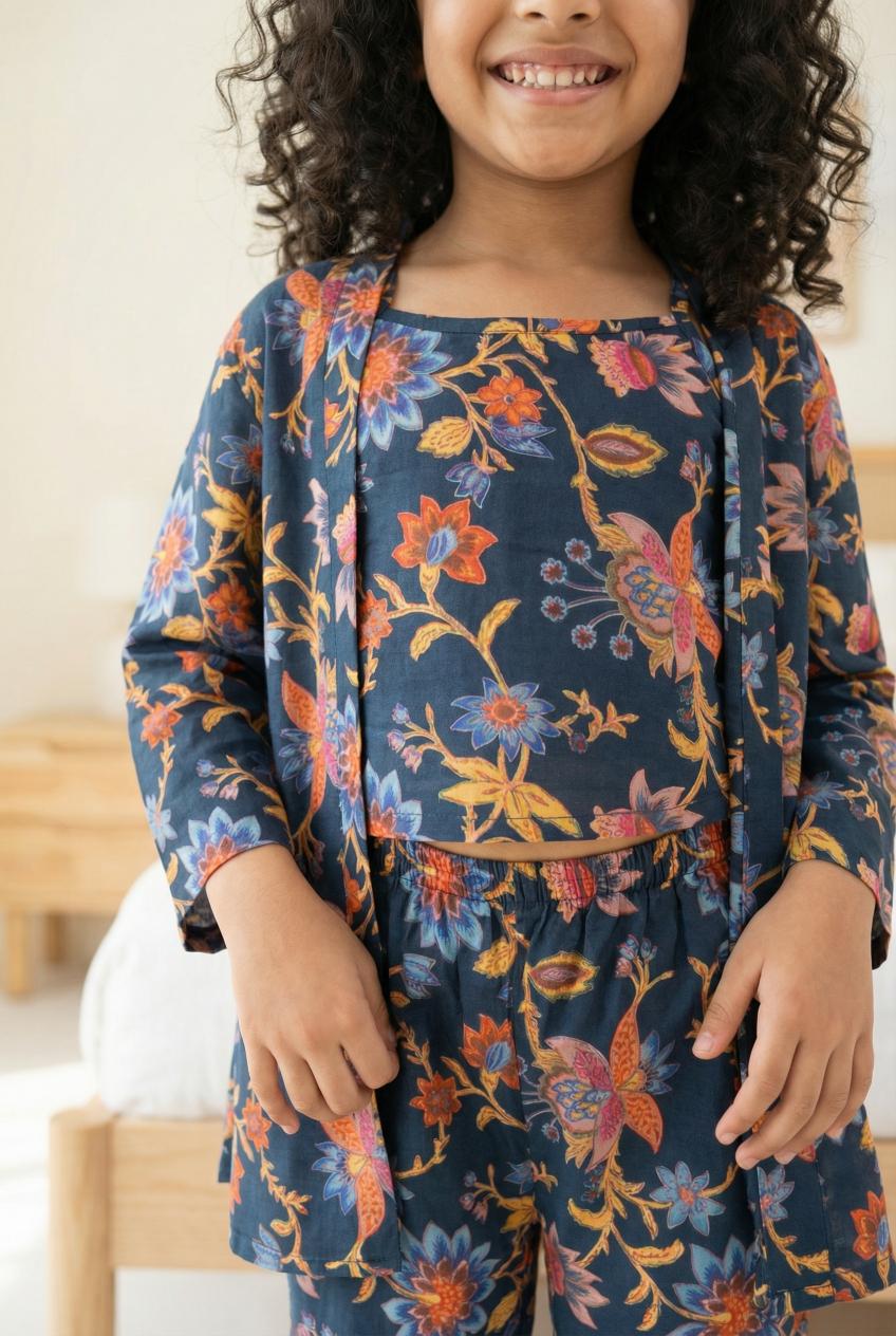 Navy Blue Round Neck Floral Print Pure Cotton Night Suit Set For Women