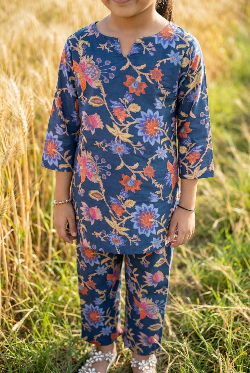 Blue Floral Print Round Neck Pure Cotton Night Suit Set For Kids