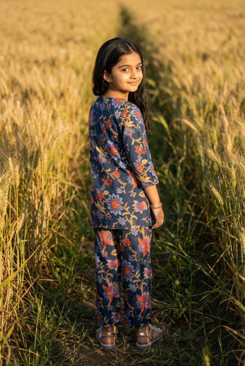 Blue Floral Print Round Neck Pure Cotton Night Suit Set For Kids