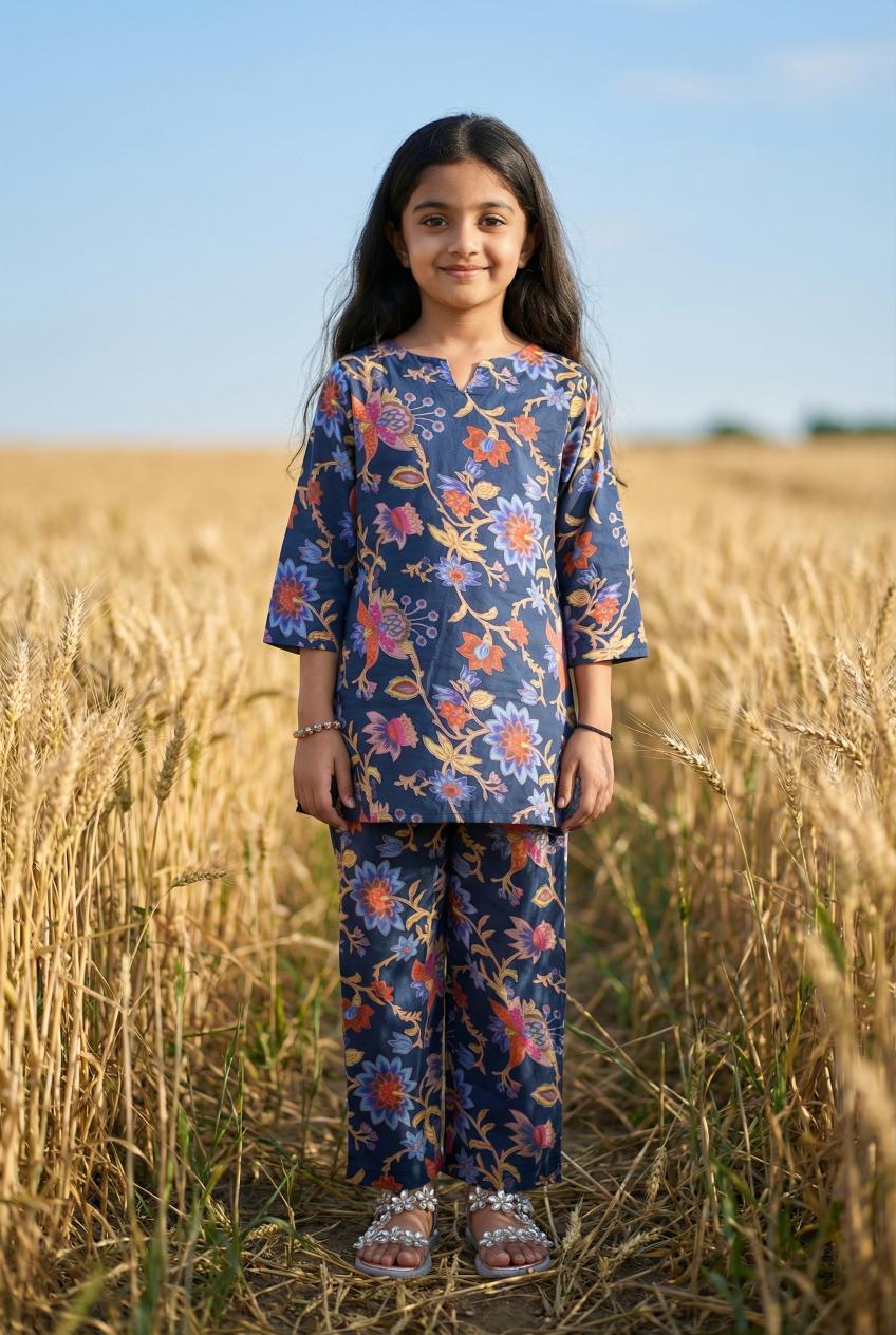 Blue Floral Print Round Neck Pure Cotton Night Suit Set For Kids