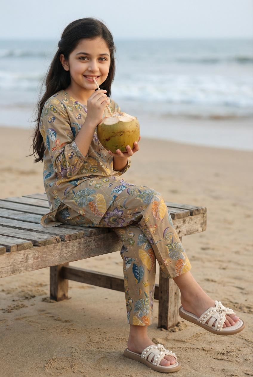 Beige Roun Neck Tropical Print Pure Cotton Night Suit For Kids