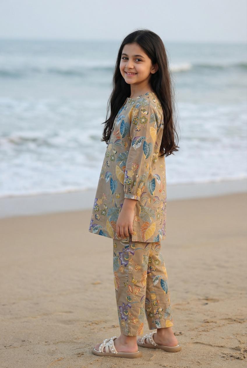 Beige Roun Neck Tropical Print Pure Cotton Night Suit For Kids