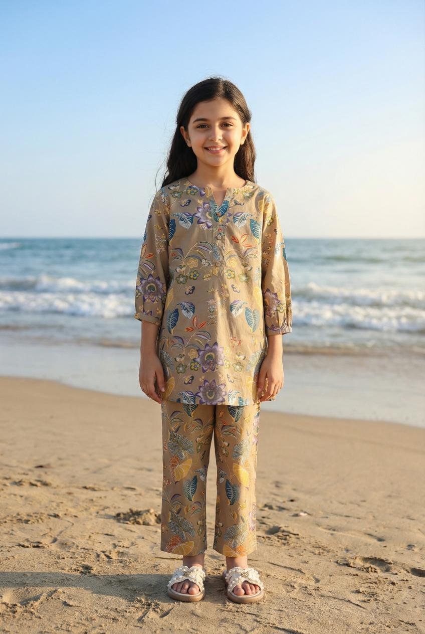 Beige Roun Neck Tropical Print Pure Cotton Night Suit For Kids
