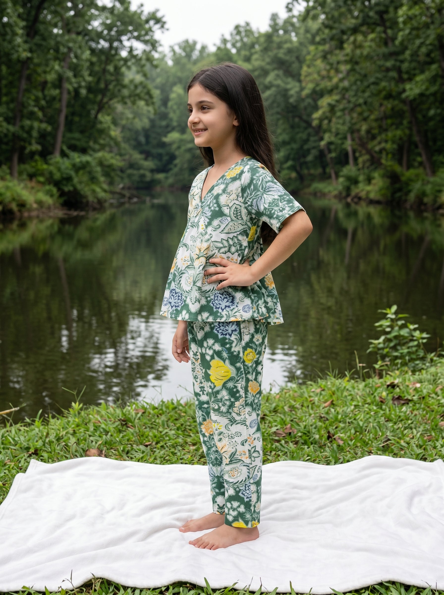Green V-Neck Floral Print Pure Cotton Night Suit For Kids