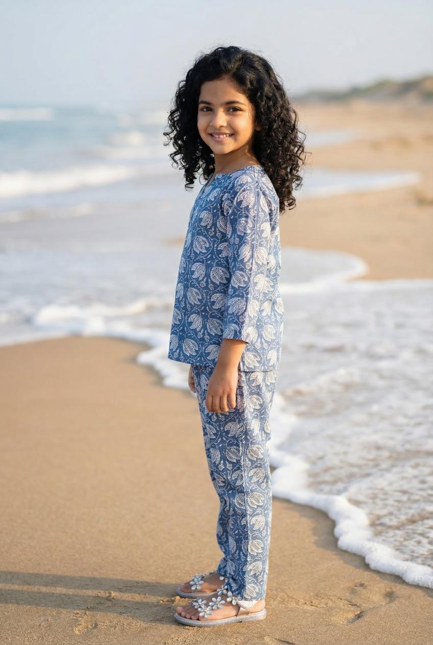 Blue Printed Round Neck Pure Cotton Night Suit For Kids