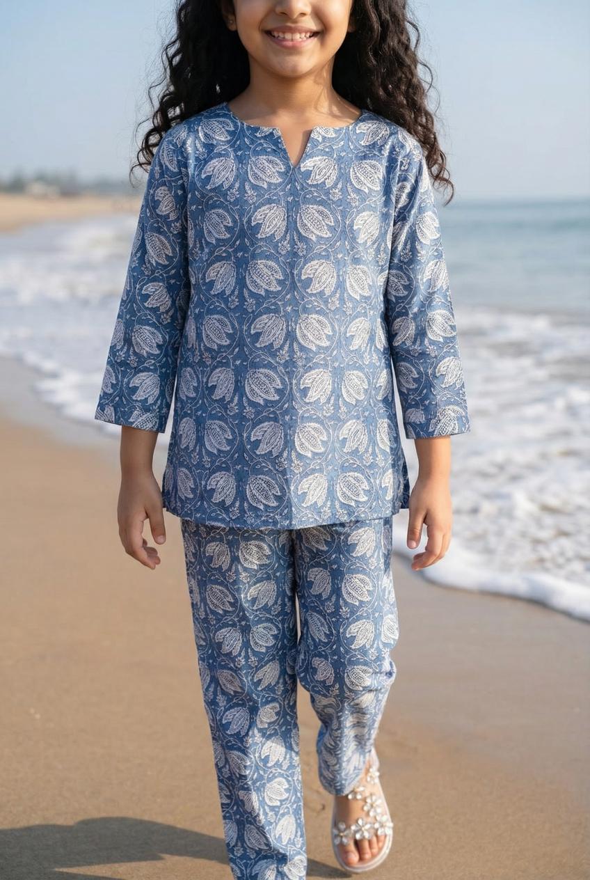 Blue Printed Round Neck Pure Cotton Night Suit For Kids