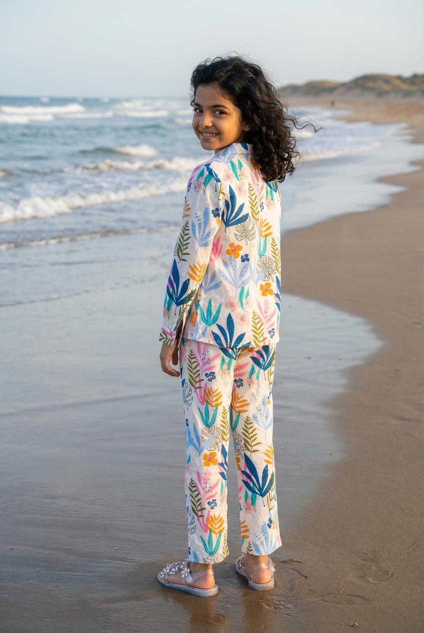 White Mandarin Collar Pure Cotton Floral Printed Night Suit Set For Women