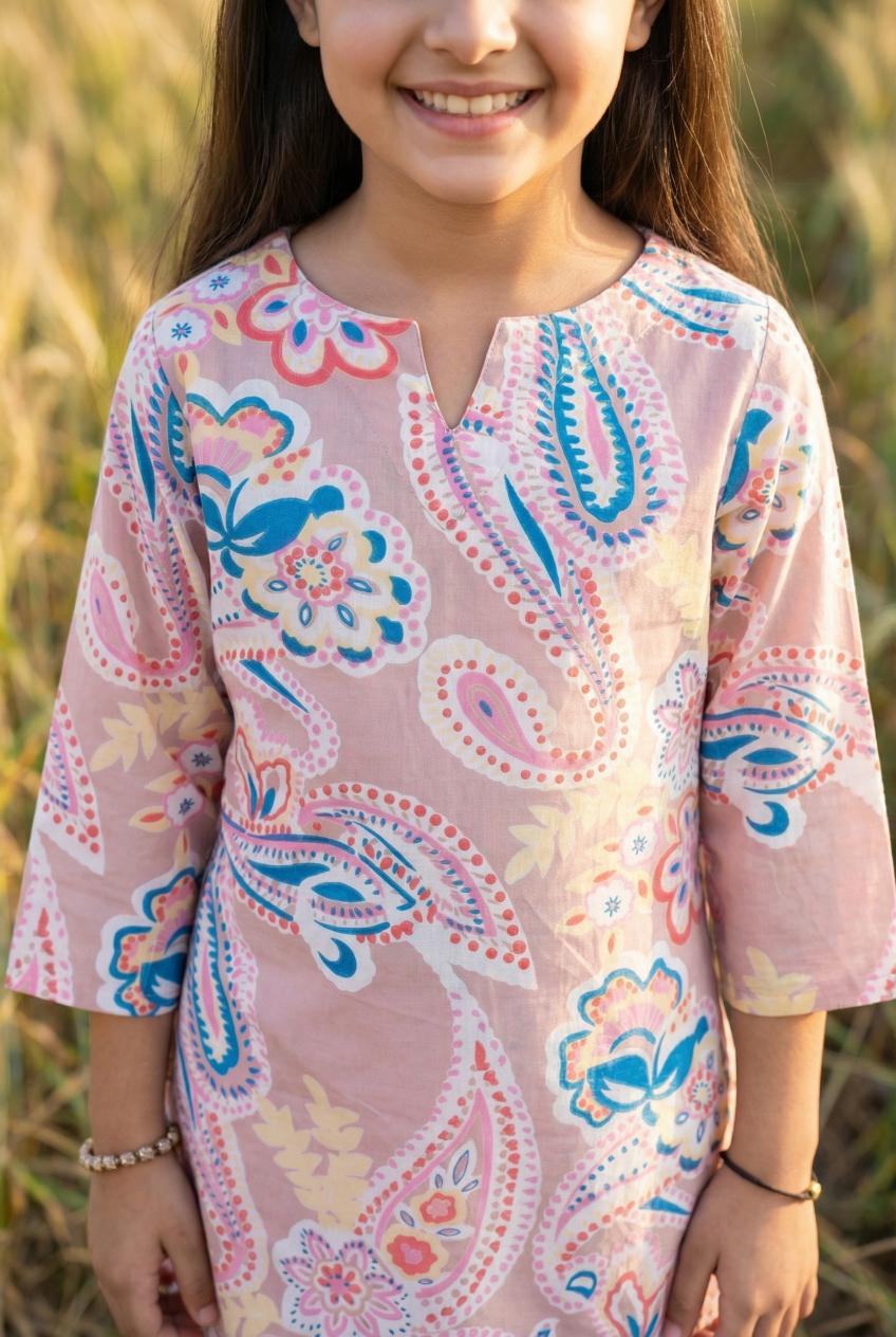 Pink Floral Print Pure Cotton Kurti & Pyjamas Night Suit Set For Women