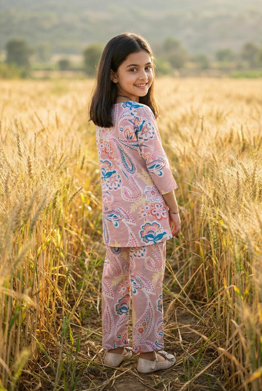 Pink Floral Print Pure Cotton Kurti & Pyjamas Night Suit Set For Women