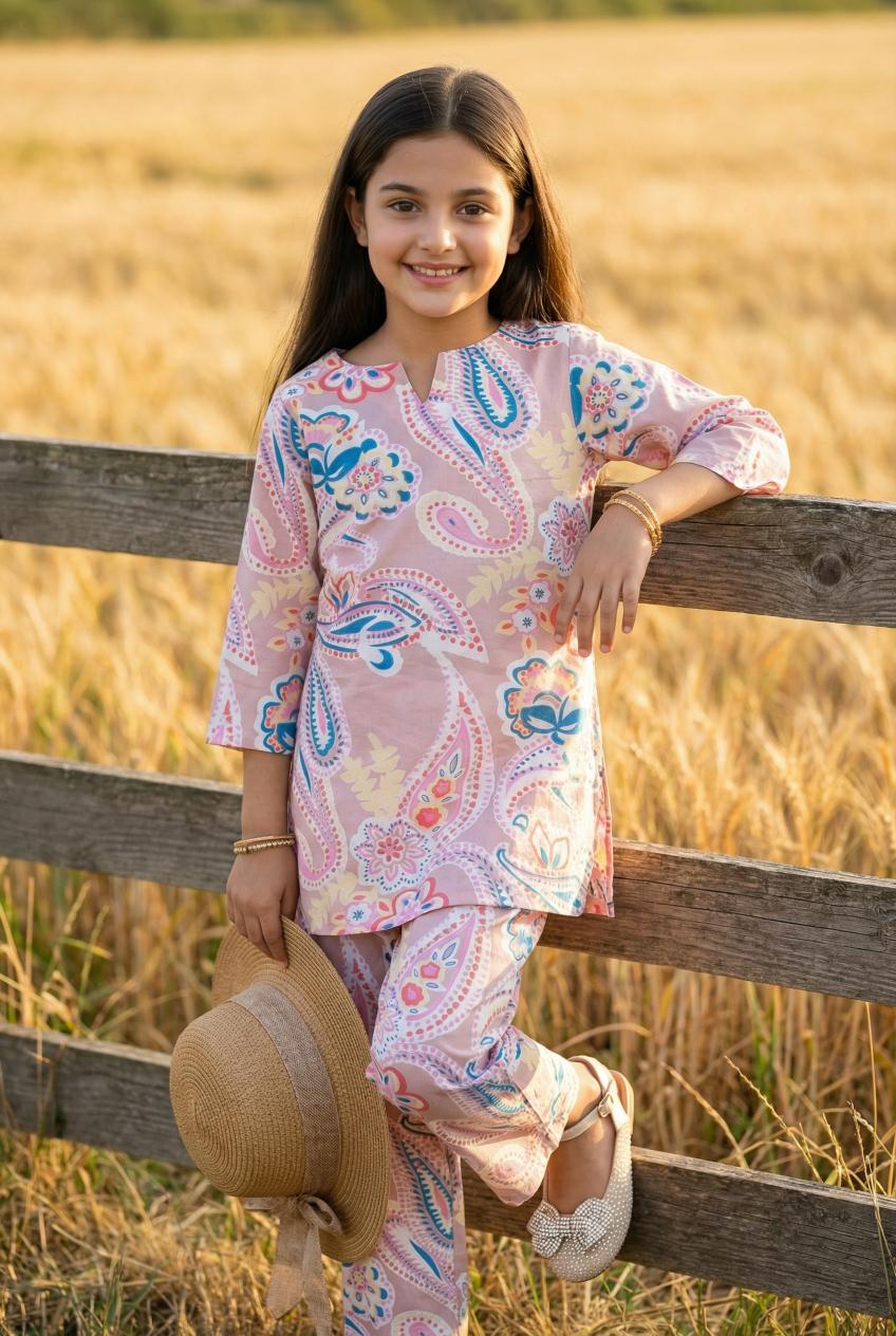 Pink Floral Print Pure Cotton Kurti & Pyjamas Night Suit Set For Women