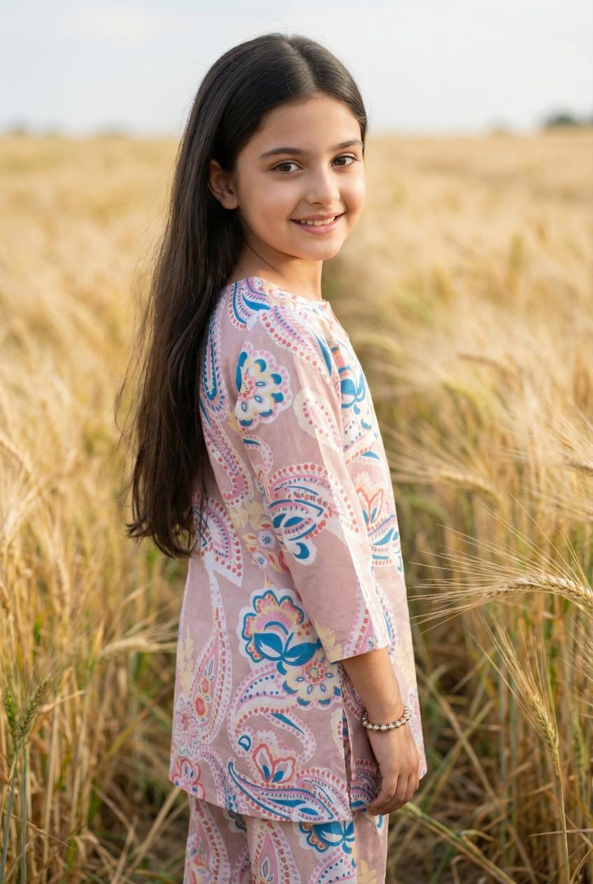 Pink Floral Print Pure Cotton Kurti & Pyjamas Night Suit Set For Women