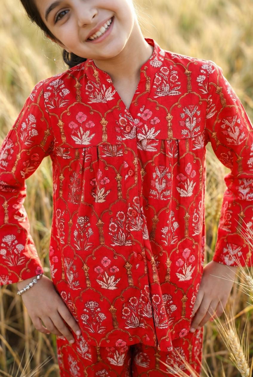 Red Floral Print Mandarin Collar Pure Cotton Night suit Set For Kids