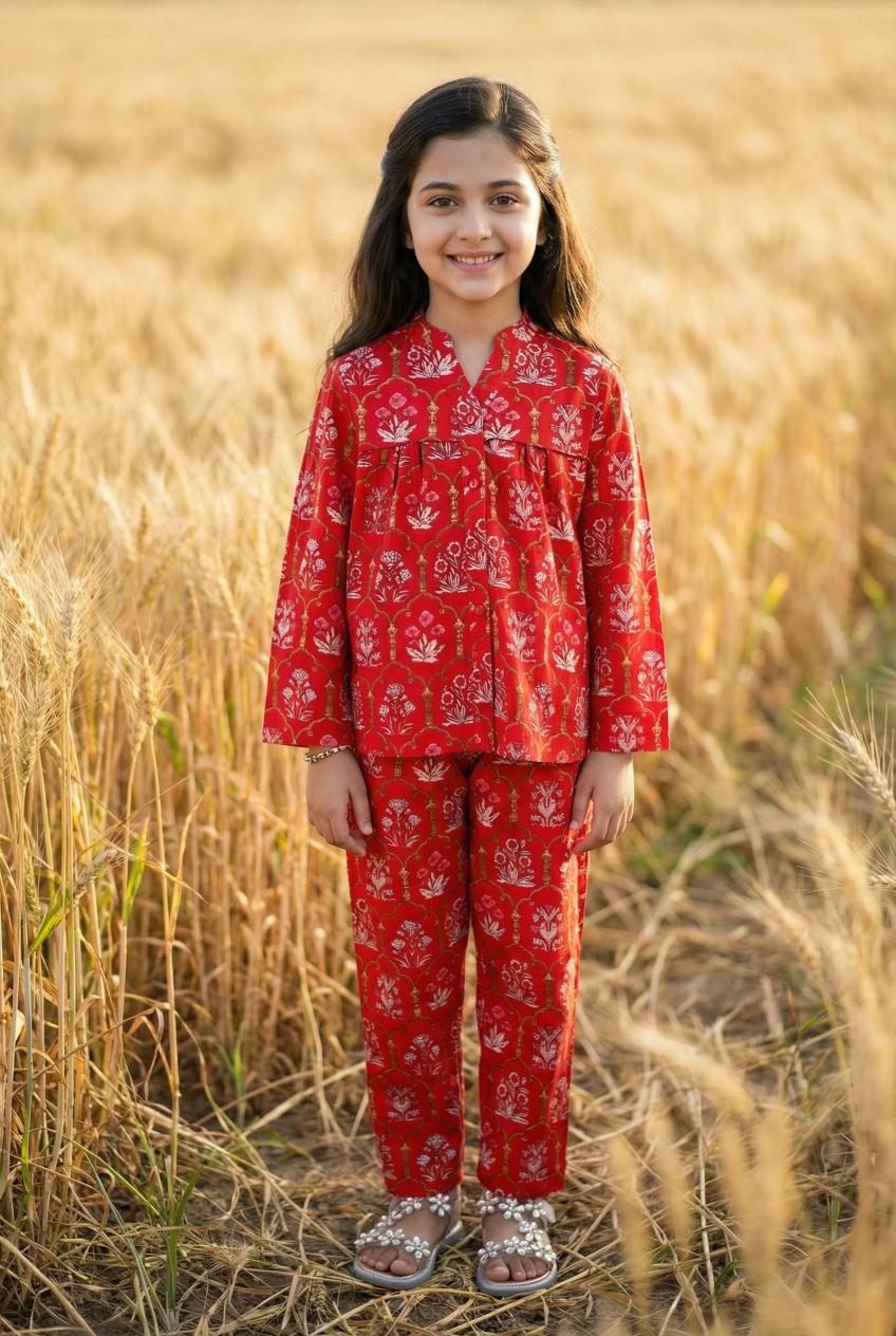 Red Floral Print Mandarin Collar Pure Cotton Night suit Set For Kids