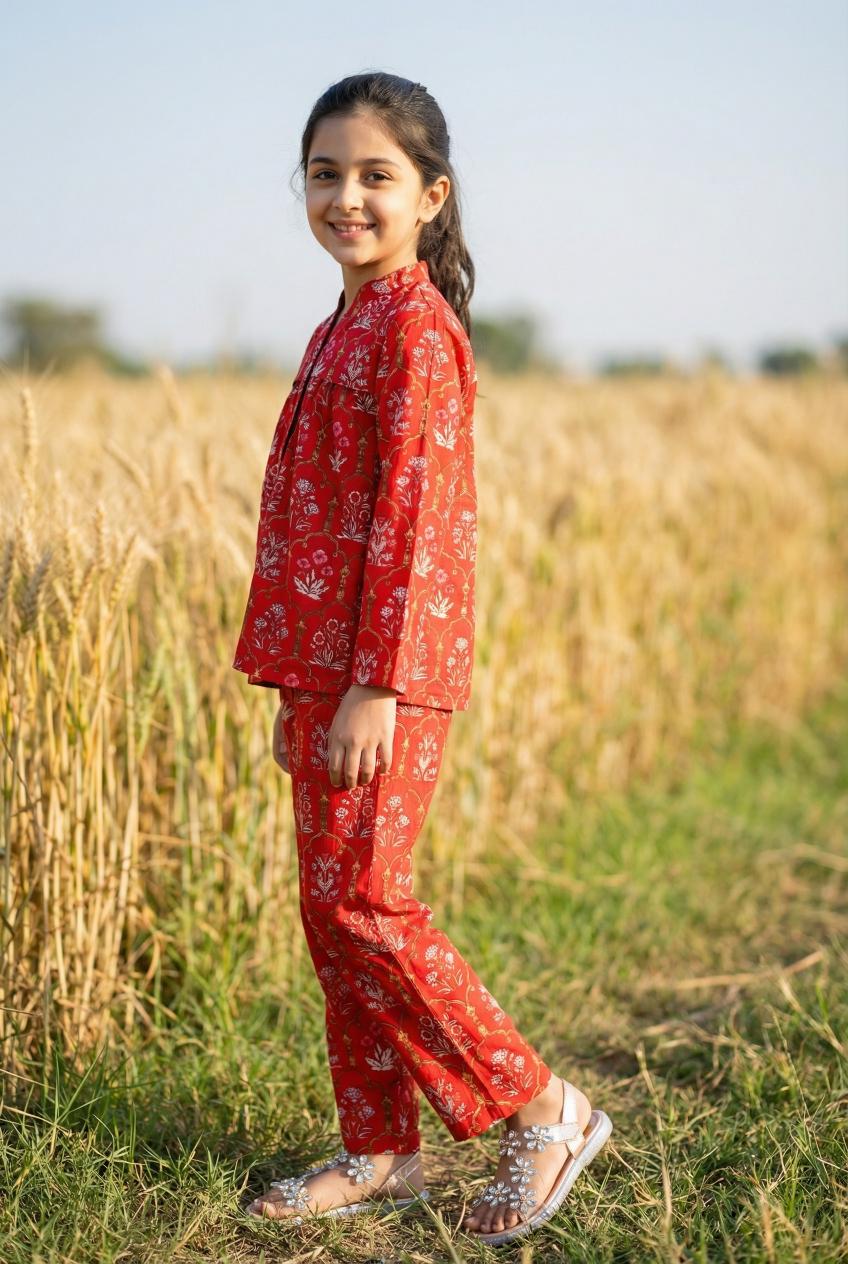Red Floral Print Mandarin Collar Pure Cotton Night suit Set For Kids
