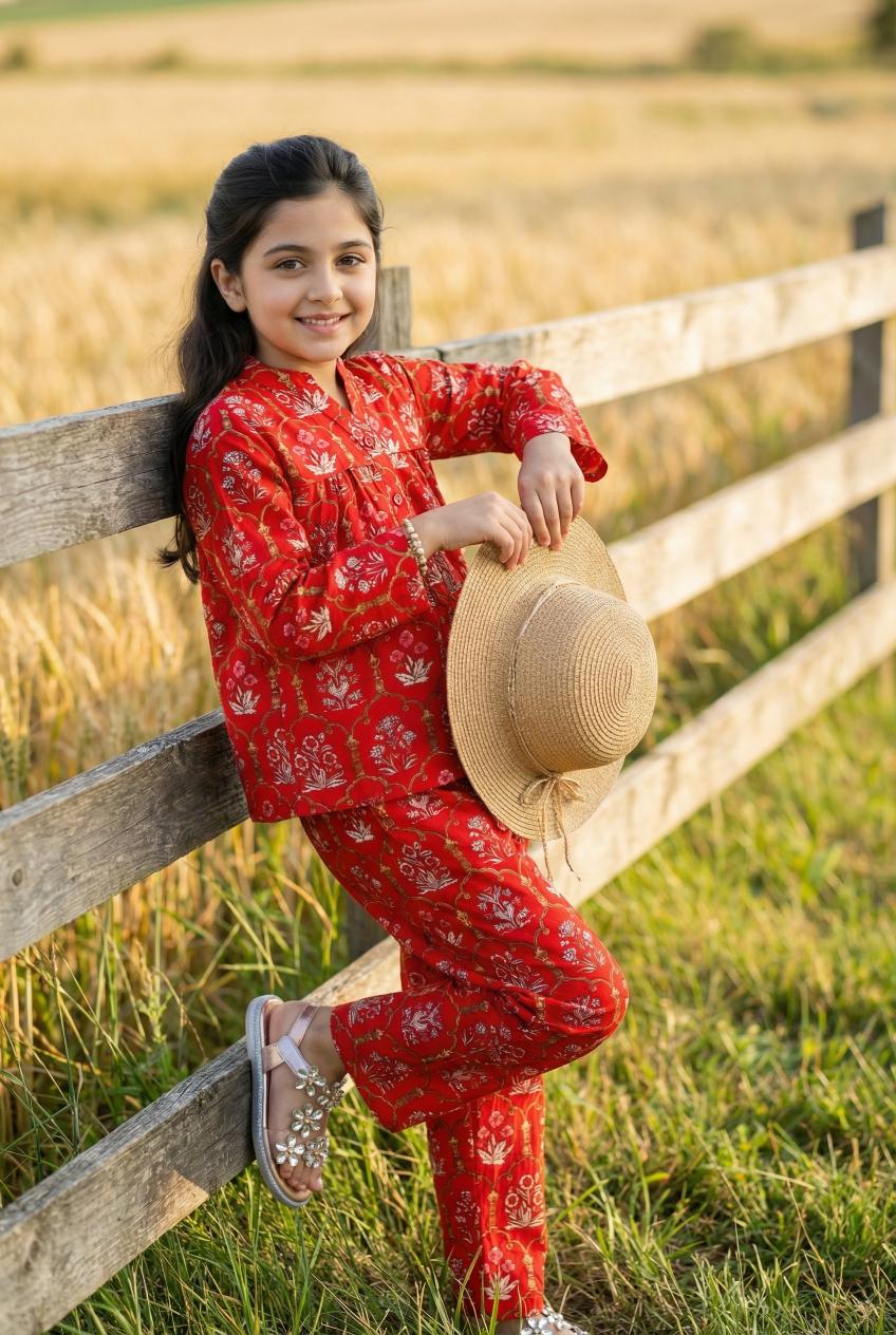 Red Floral Print Mandarin Collar Pure Cotton Night suit Set For Kids