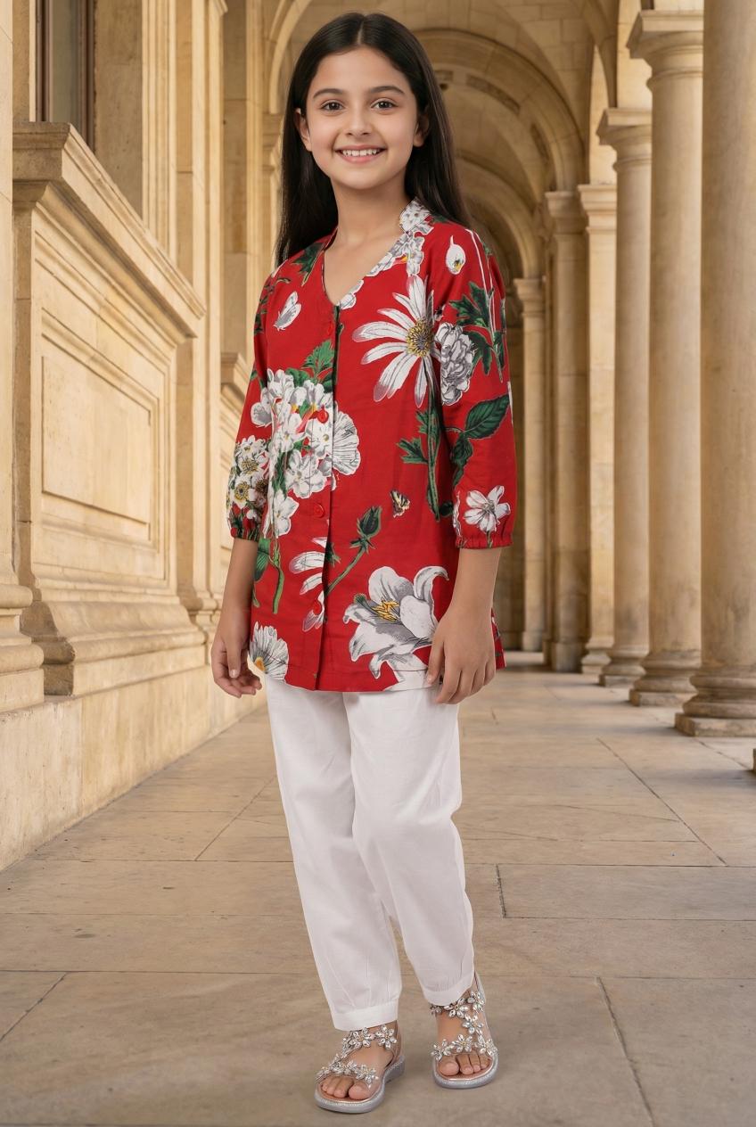Red Floral Print V-Neck Cotton Night Suit Set For Kids