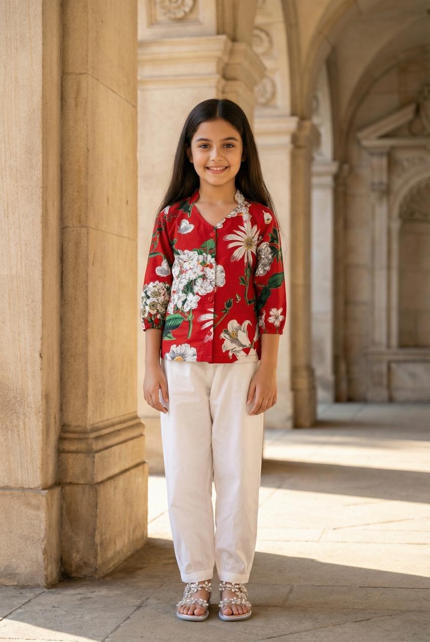 Red Floral Print V-Neck Cotton Night Suit Set For Kids