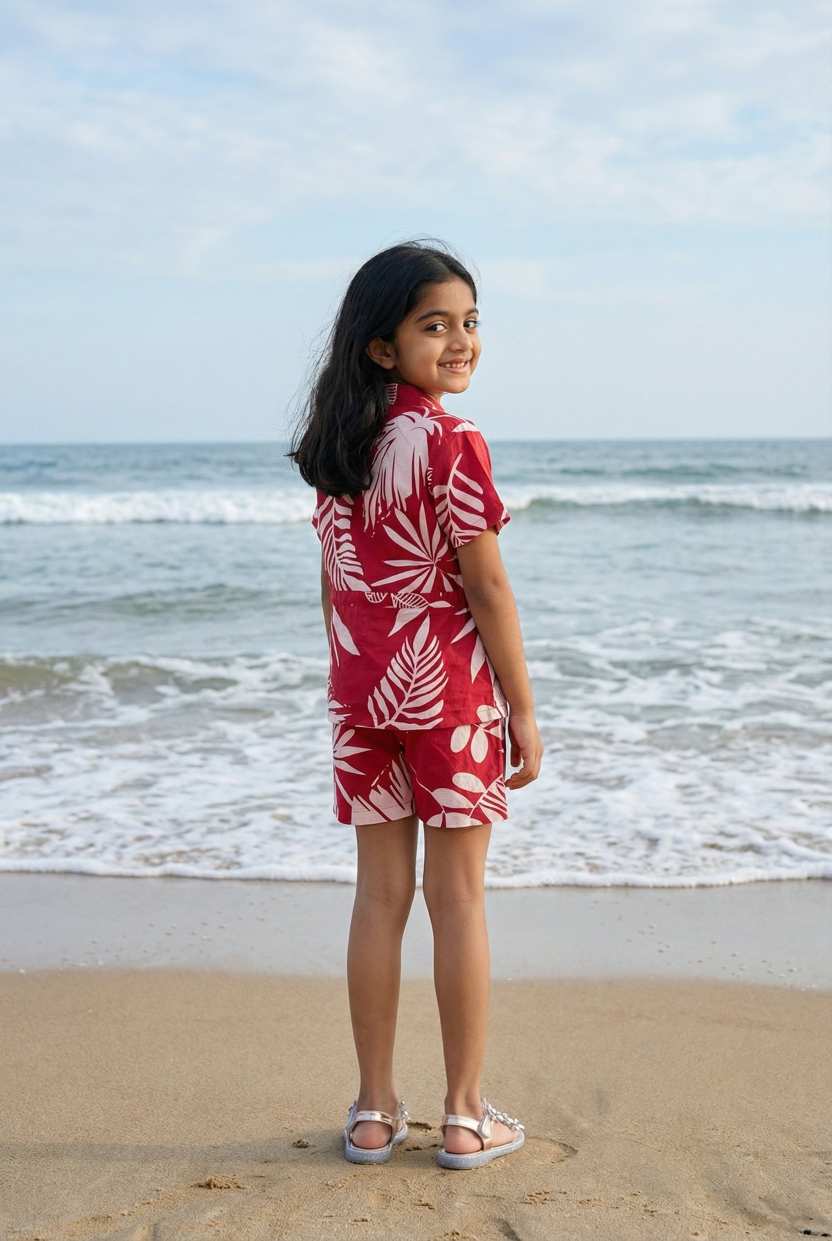 Pink Floral Print V-Neck Night Suit For Kids
