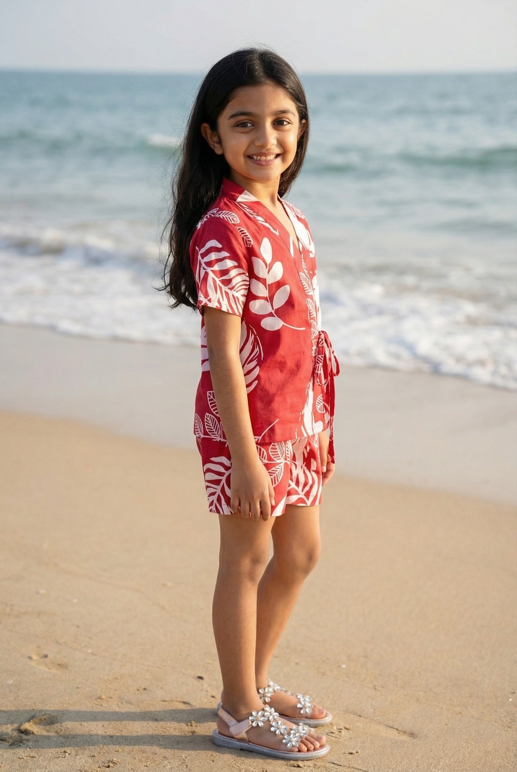Pink Floral Print V-Neck Night Suit For Kids
