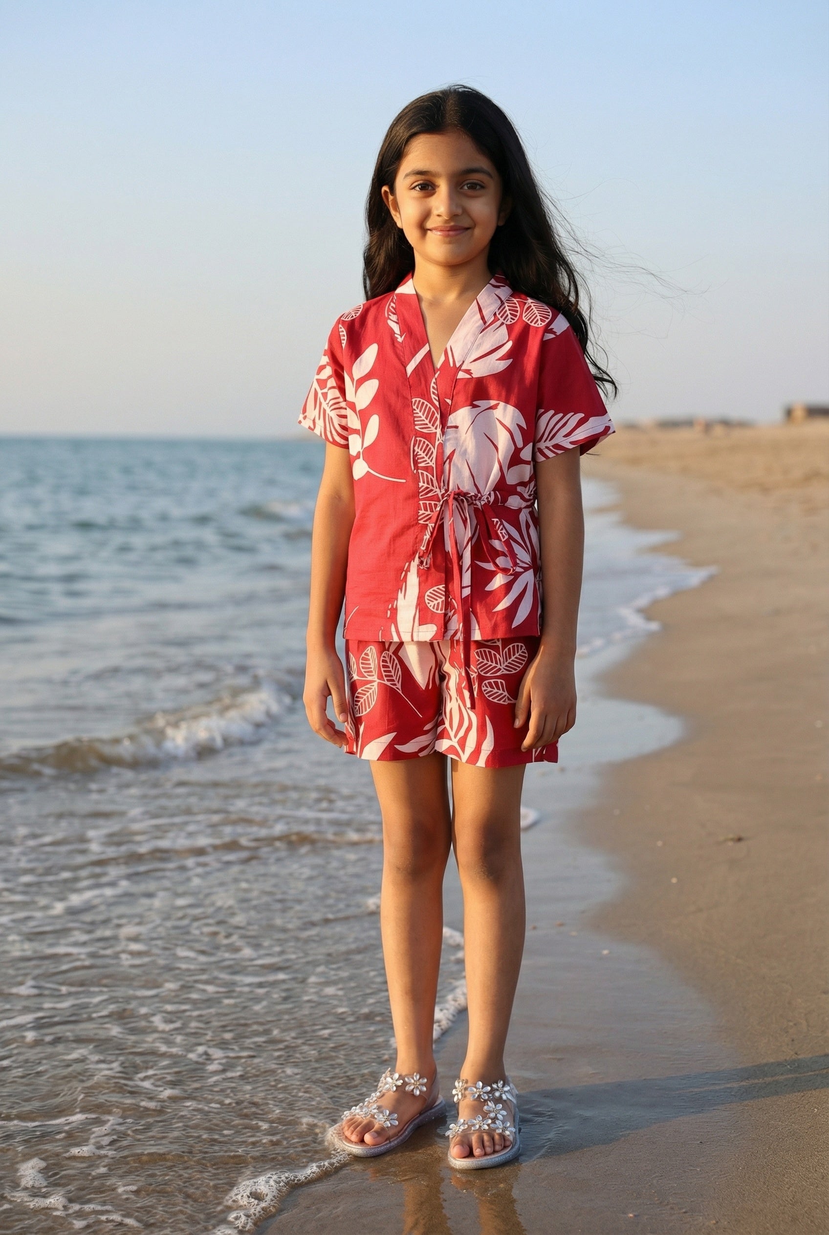 Pink Floral Print V-Neck Night Suit For Kids