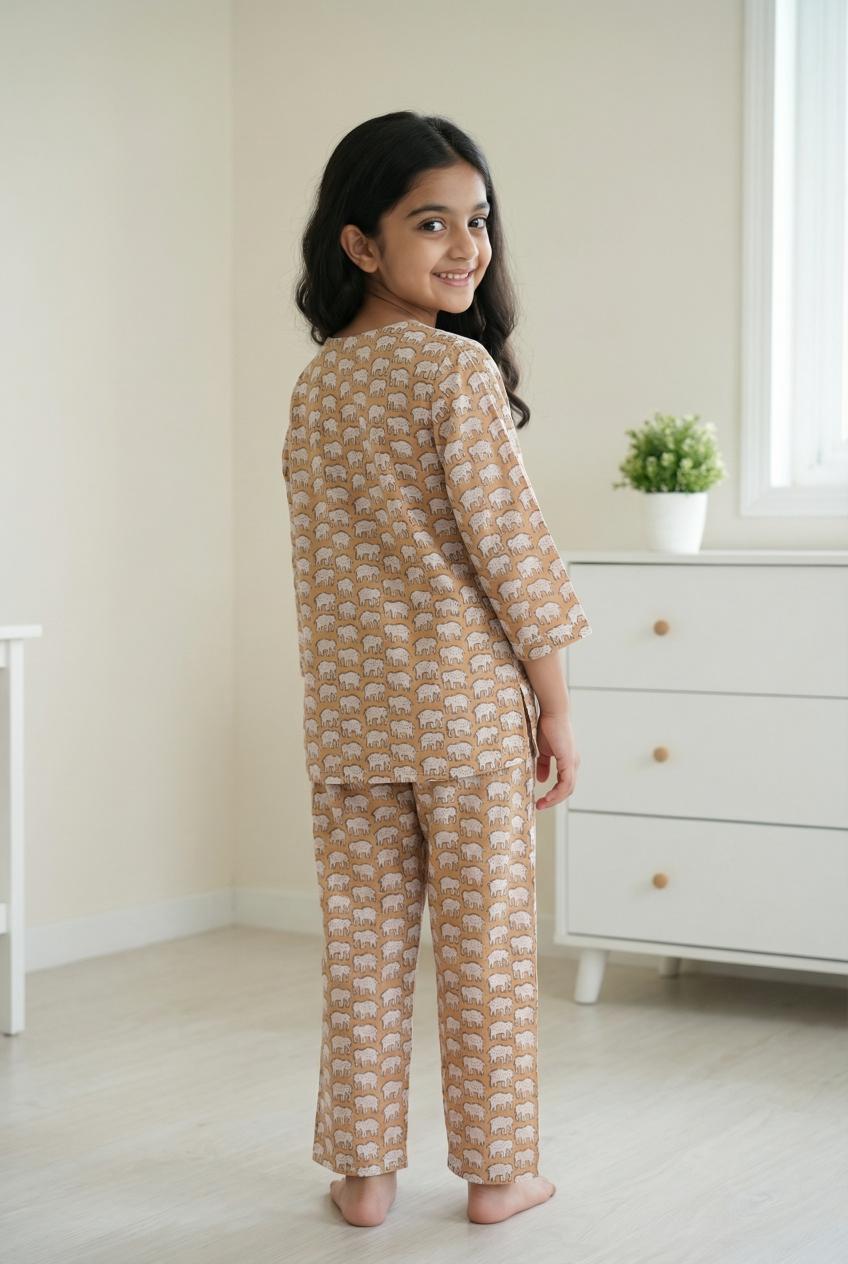 Brown Round Neck Elephant Printed Cotton Kids Night Suit