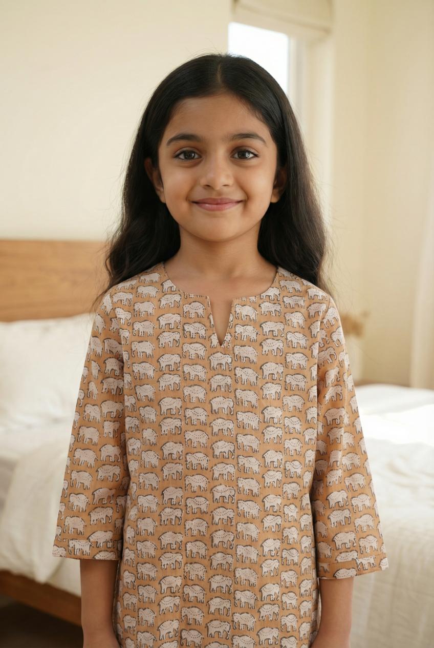 Brown Round Neck Elephant Printed Cotton Kids Night Suit