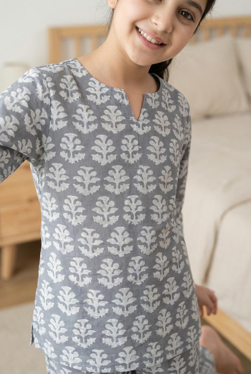 Grey Mandarin Collar Floral Print Cotton Kids Night Suit