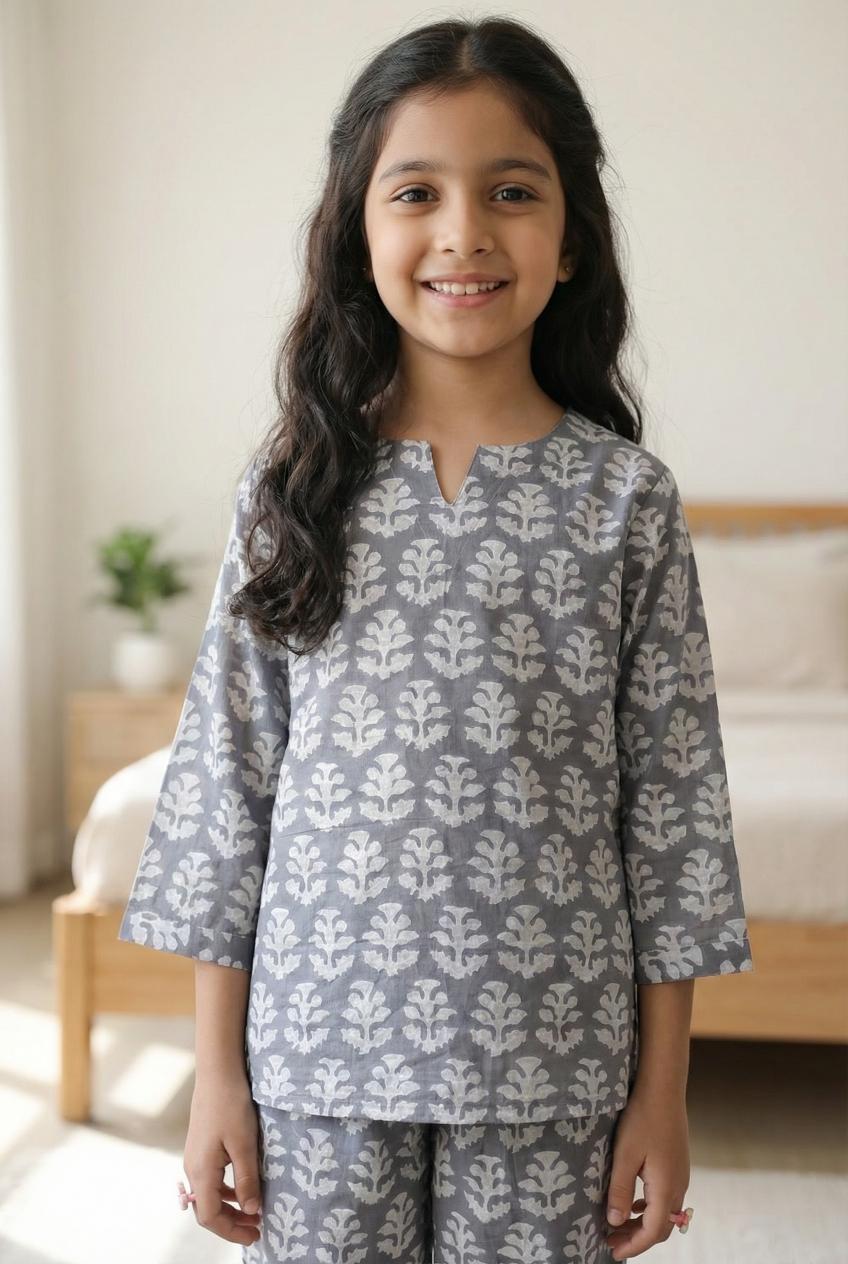 Grey Mandarin Collar Floral Print Cotton Kids Night Suit