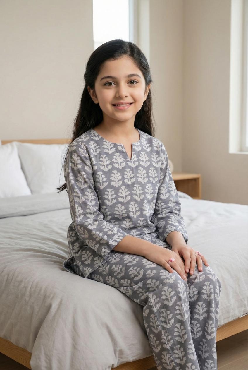 Grey Mandarin Collar Floral Print Cotton Kids Night Suit