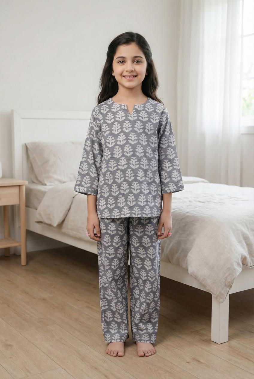 Grey Mandarin Collar Floral Print Cotton Kids Night Suit