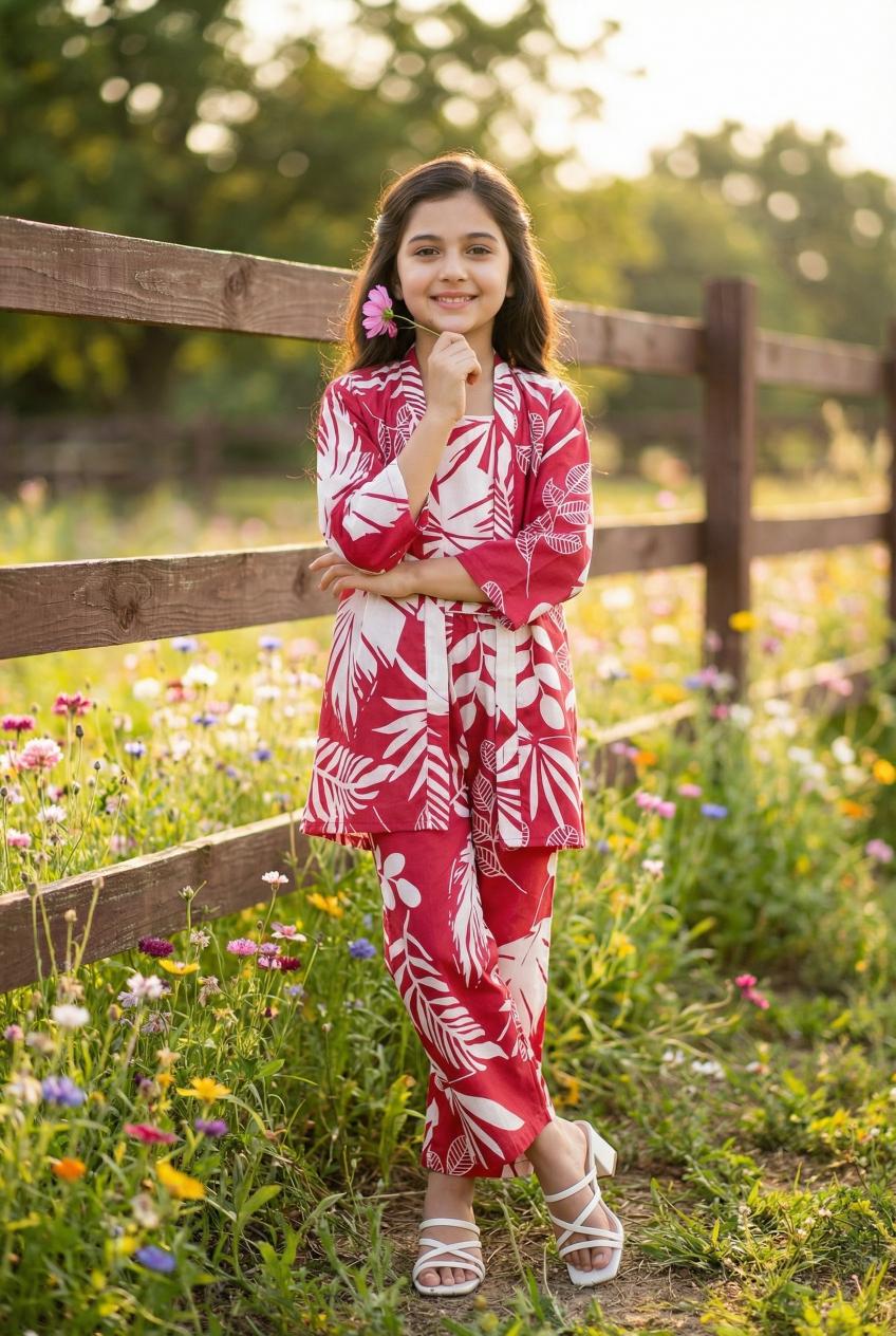 Pink Round Neck Pure Cotton Floral Print Night Suit Set For Kids