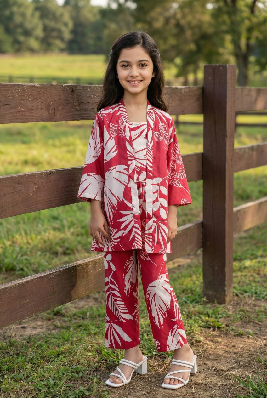 Pink Round Neck Pure Cotton Floral Print Night Suit Set For Kids