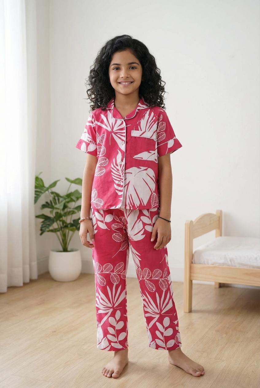 Pink Floral Print Lapel Collar Cotton Night Suit For Kids