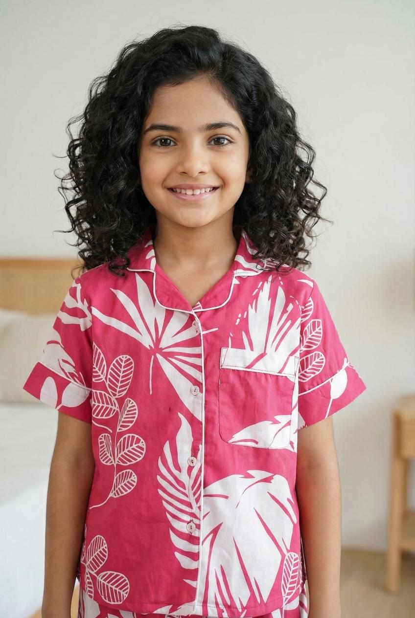 Pink Floral Print Lapel Collar Cotton Night Suit For Kids