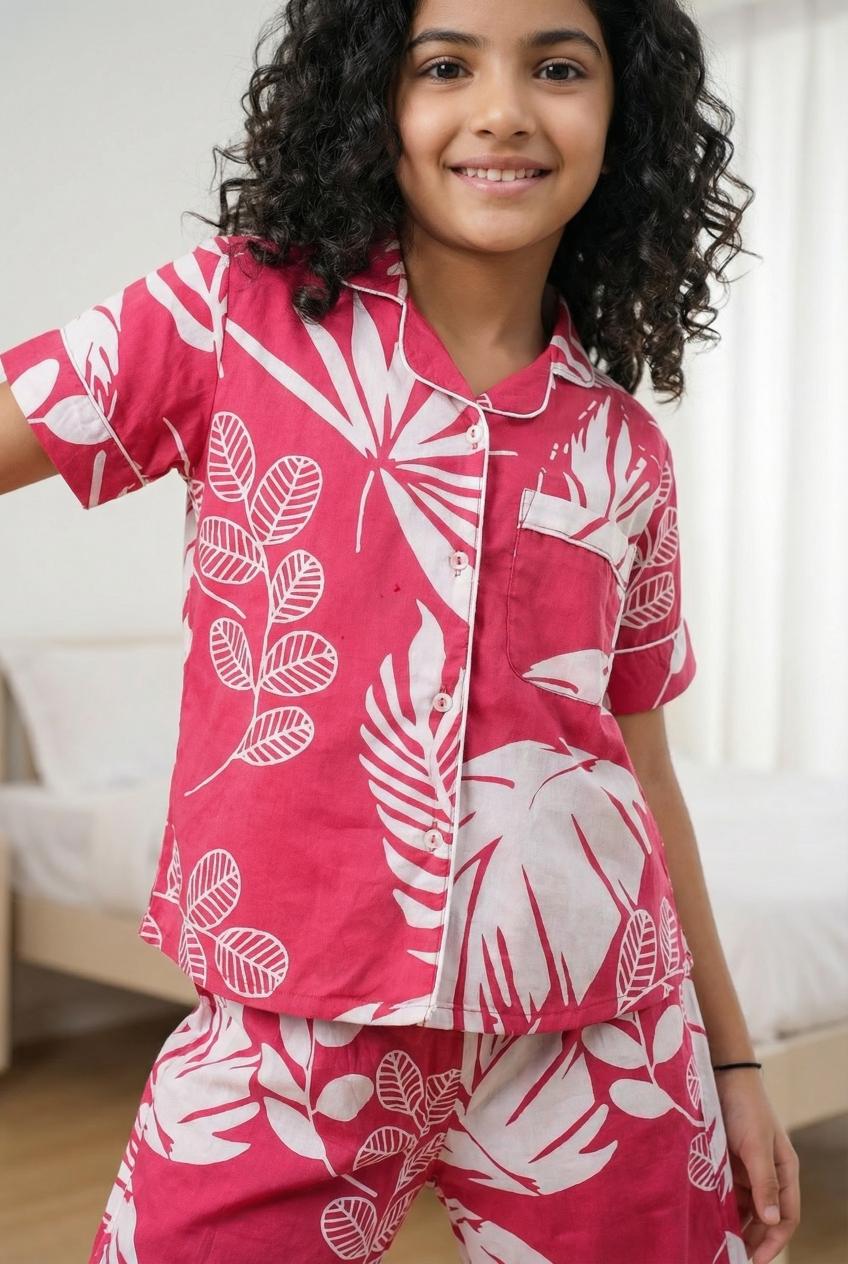 Pink Floral Print Lapel Collar Cotton Night Suit For Kids