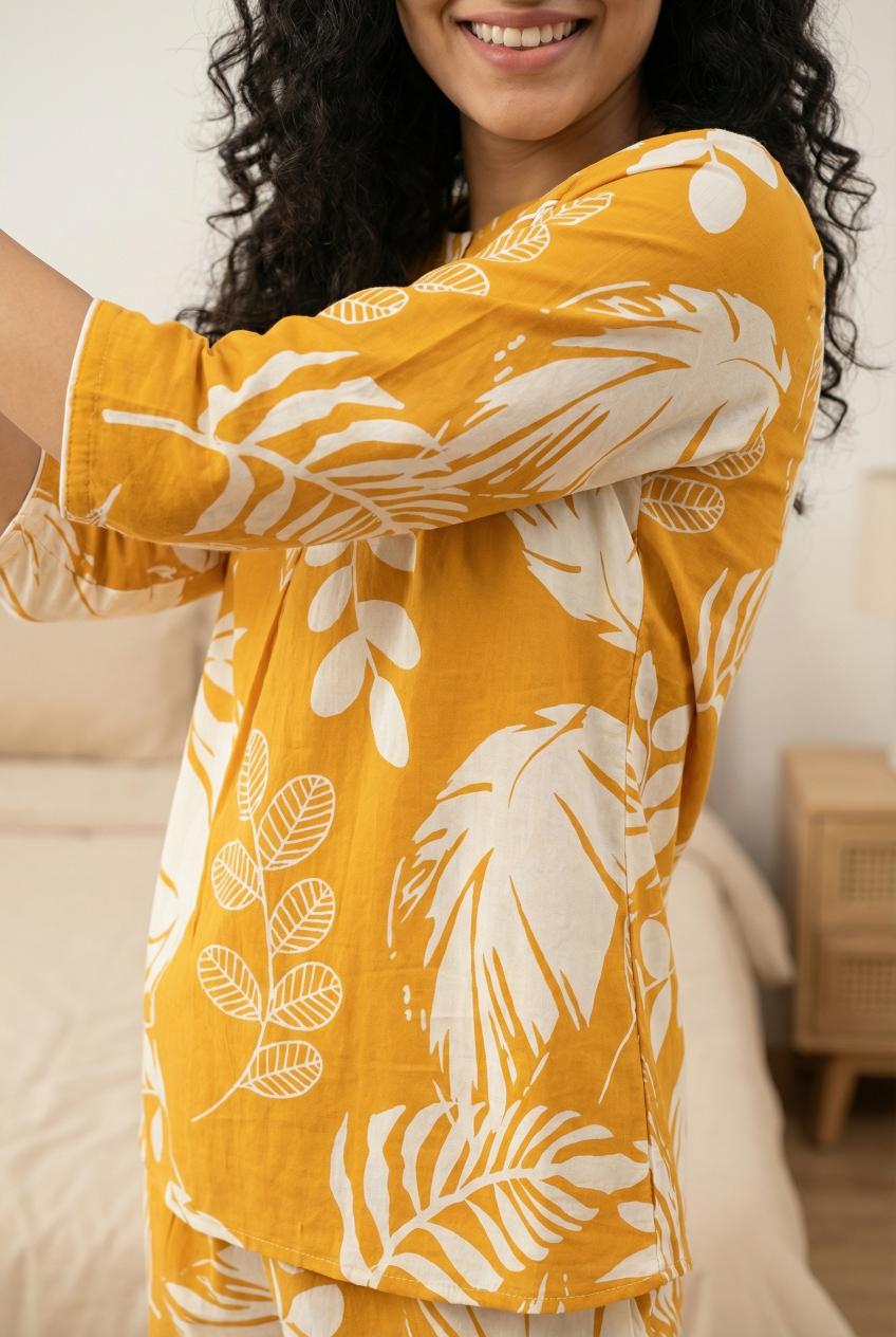Mustard Yellow Round Neck Floral Print Cotton Night Suit Set For Women