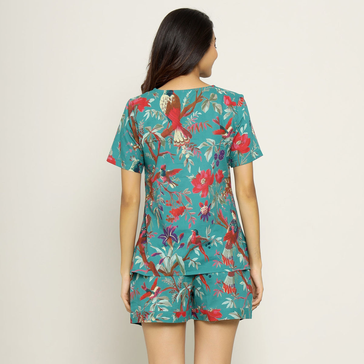 Teal Cotton Printed Night Suit Set With Shorts
