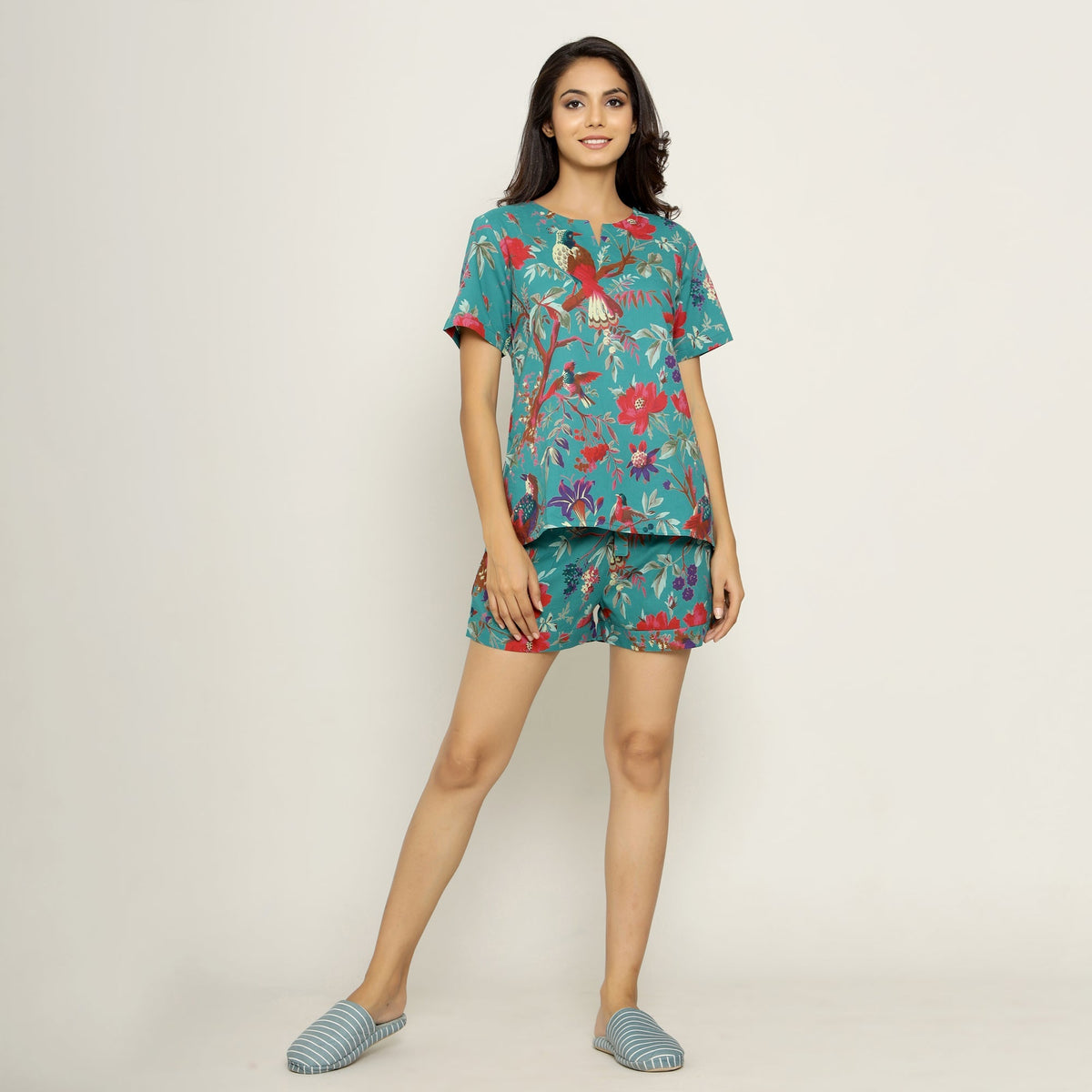 Teal Cotton Printed Night Suit Set With Shorts
