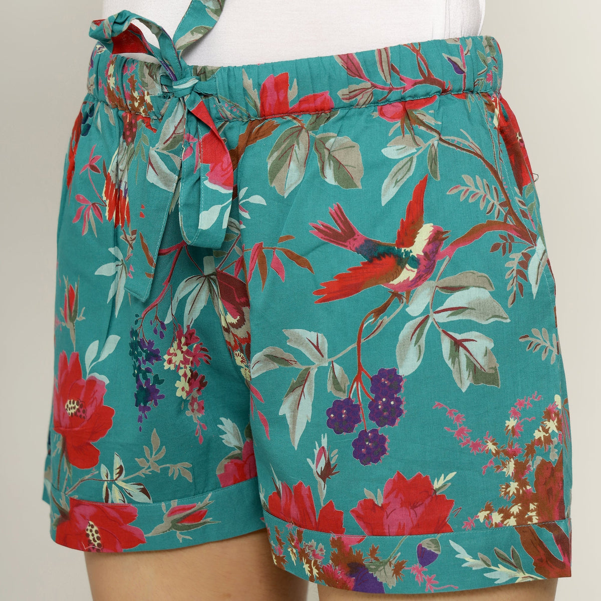 Teal Cotton Printed Night Suit Set With Shorts