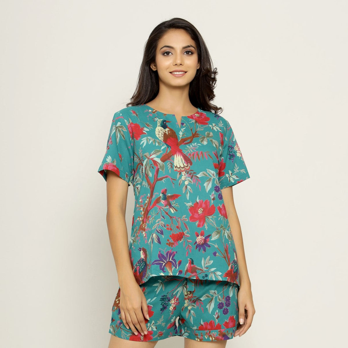 Teal Cotton Printed Night Suit Set With Shorts