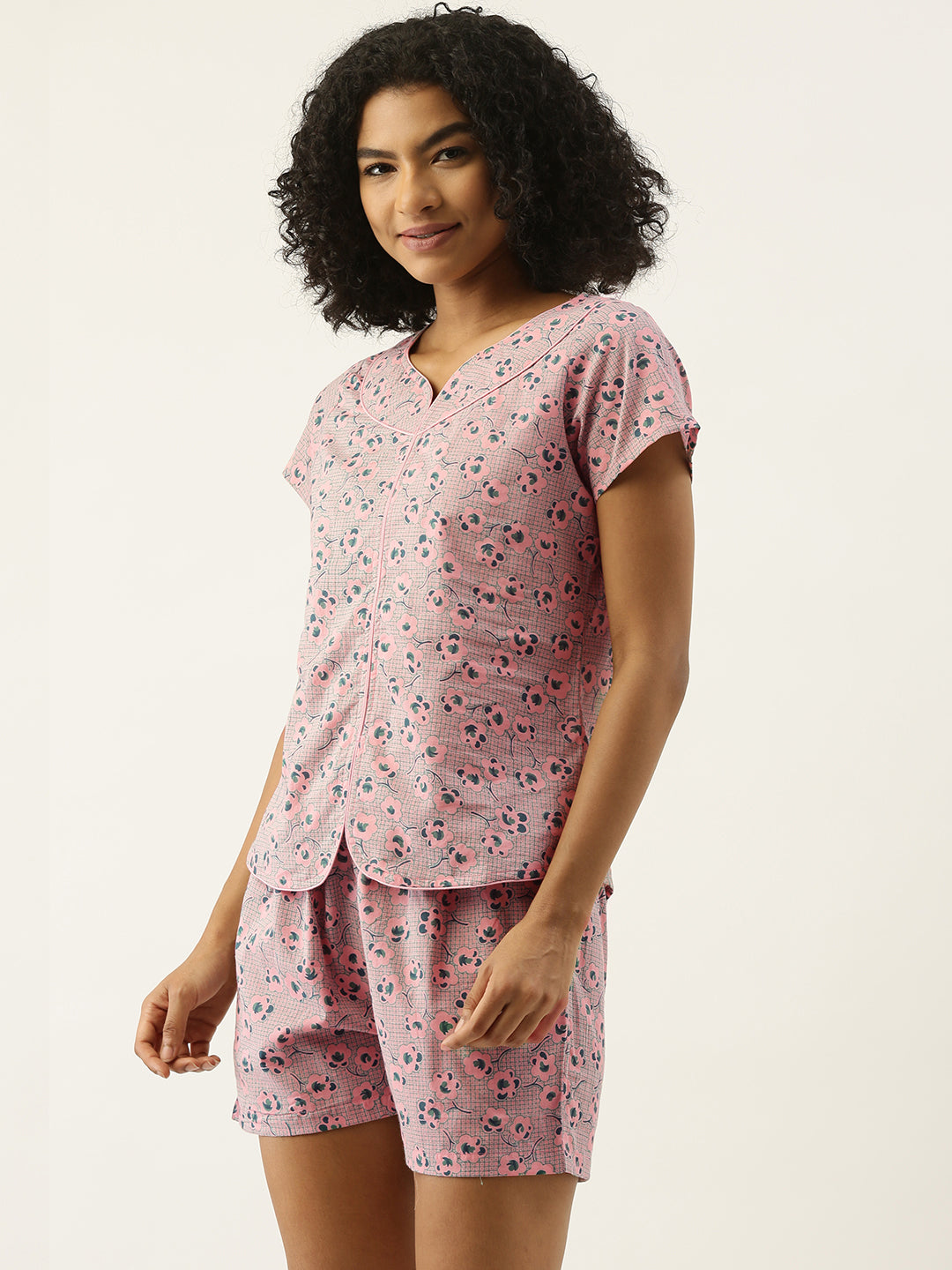 Women Pink With Green Floral Print Cotton Night Suit Set