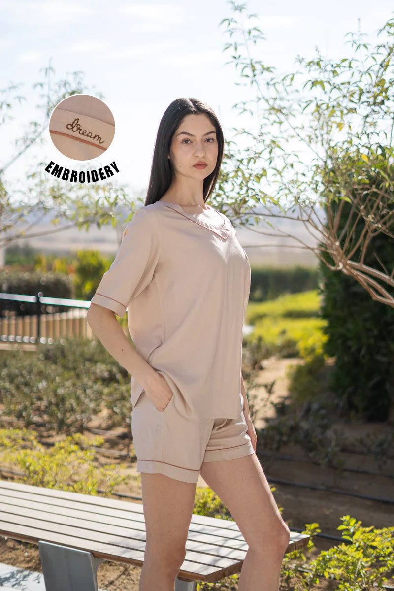 Cream Color V-Neck Viscose Rayon Night Suit For Women