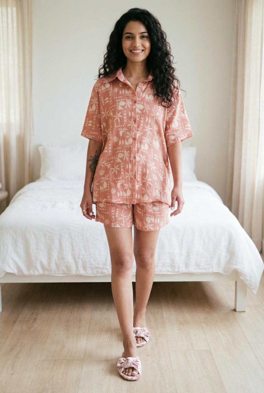 Brown Abstract Print Shirt Collar Pure Cotton Night Suit