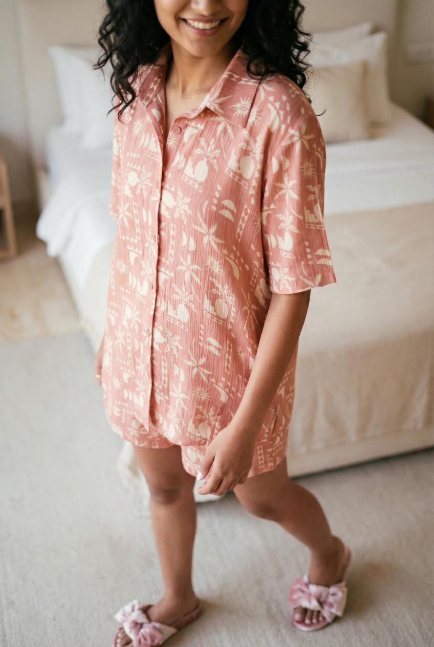 Brown Abstract Print Shirt Collar Pure Cotton Night Suit