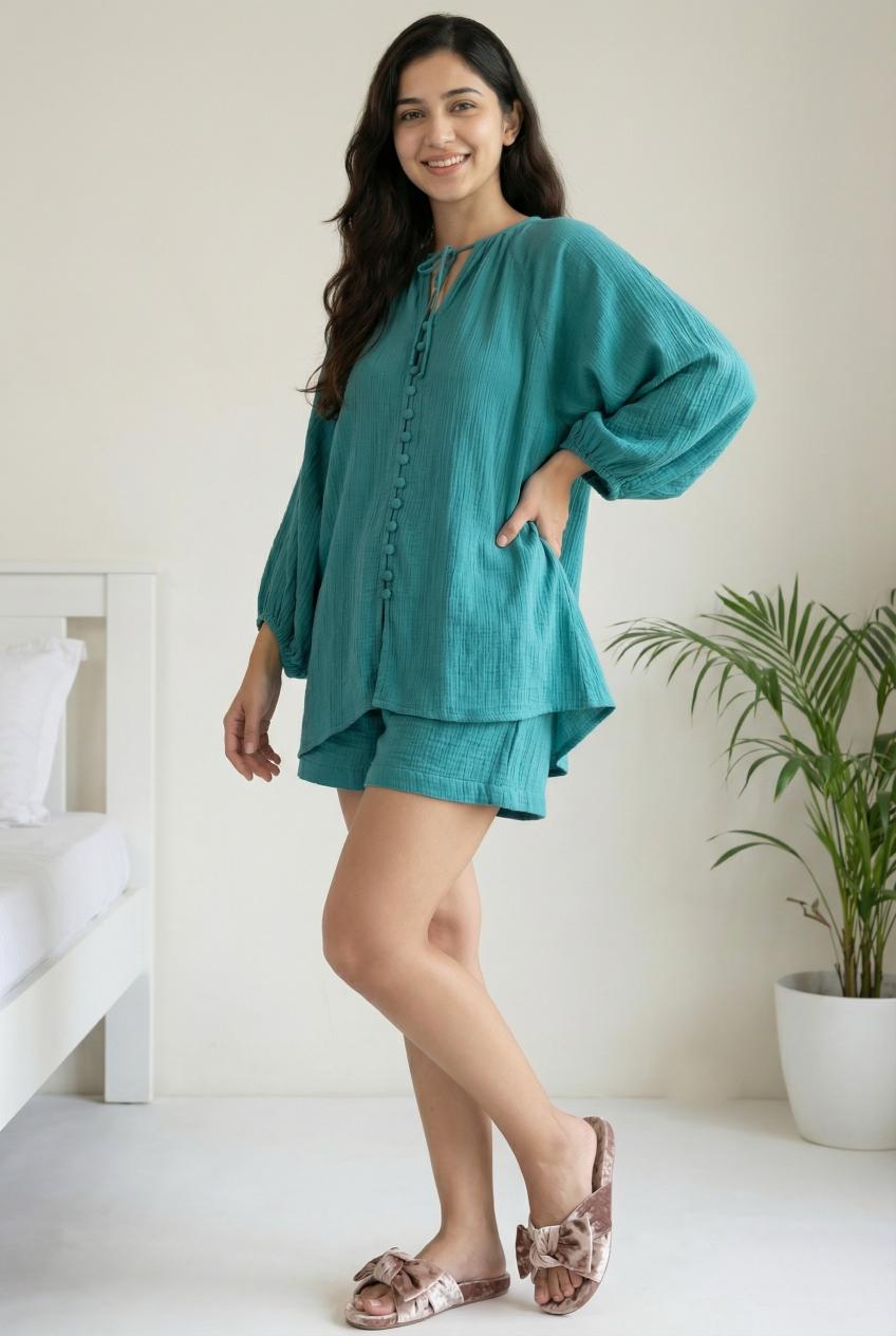 Sea Green Round Neck Solid Cotton Night Suit For Women