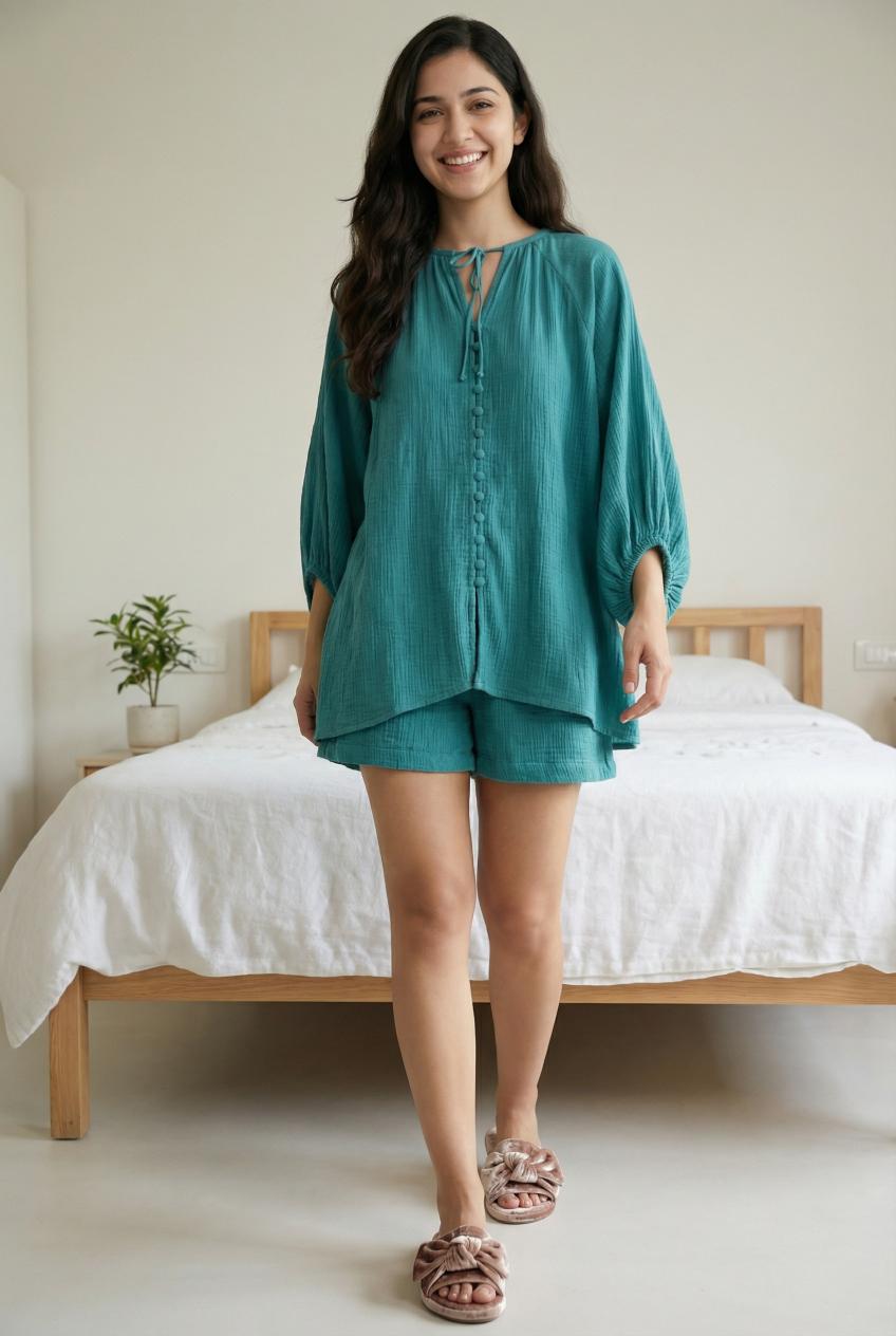 Sea Green Round Neck Solid Cotton Night Suit For Women