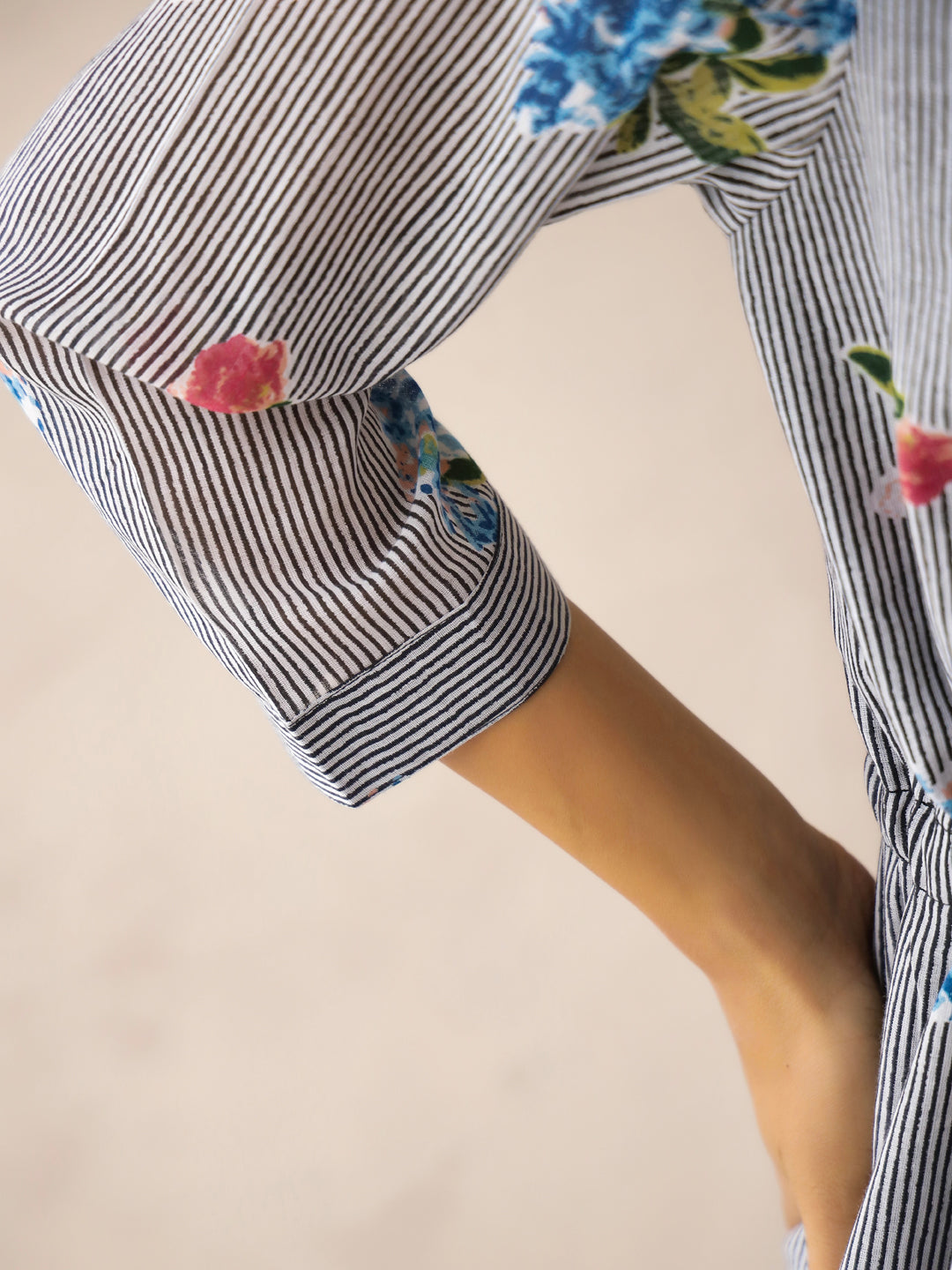 Blue Lapel Collar Pure Cotton Striped Striped Night Suit for Women