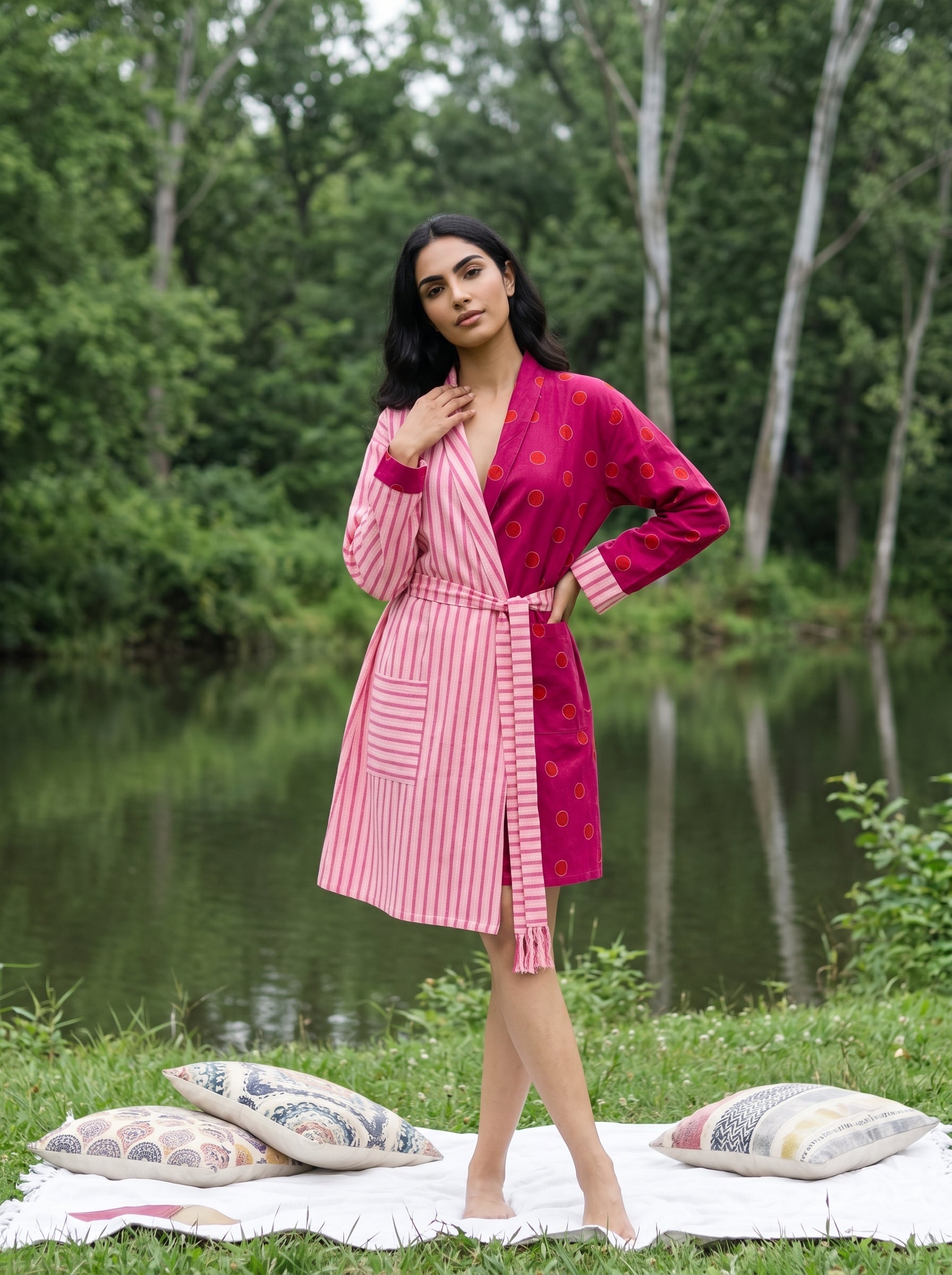 Pink Stripes Polka Dot V-Neck Cotton Bathrobe For Women