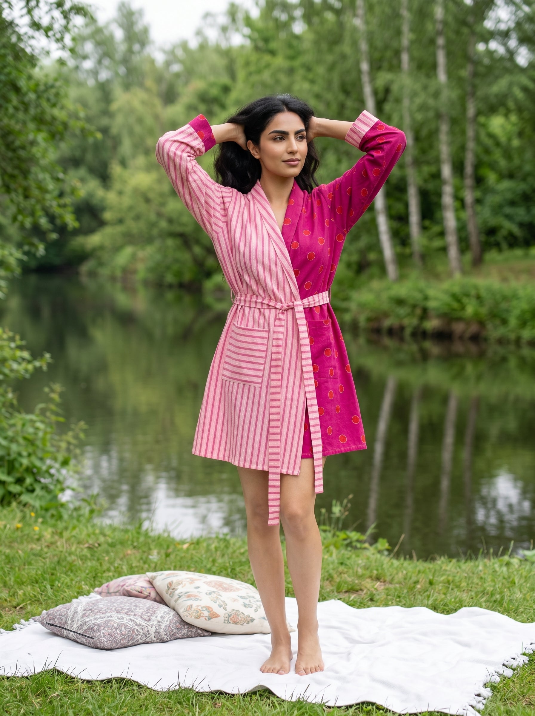 Pink Stripes Polka Dot V-Neck Cotton Bathrobe For Women